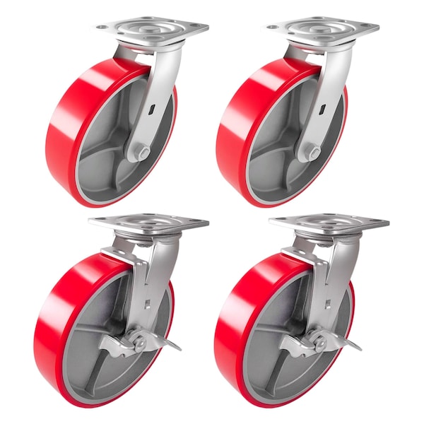 Hyw Products Heavy Duty Caster Set 8in Red Polyurethane on Cast Iron Wheels, 2 Swivel & 2 Swivel with Brake, 4PK 40-80S-A1-PC-2,40-80S-A1-PC-TB-2 (R) - main