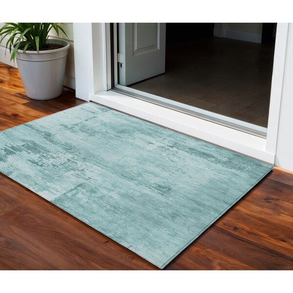 Homeroots 3' X 5' Teal Blue And Ivory Abstract Washable Indoor Outdoor Area Rug 602749 - main