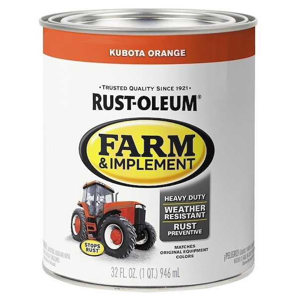 Specialty Farm Equipment Paint, Oil Base, Gloss Sheen, Kubota Orange, 1 qt, 130 sq-ft/qt Coverage Area 280159 - main