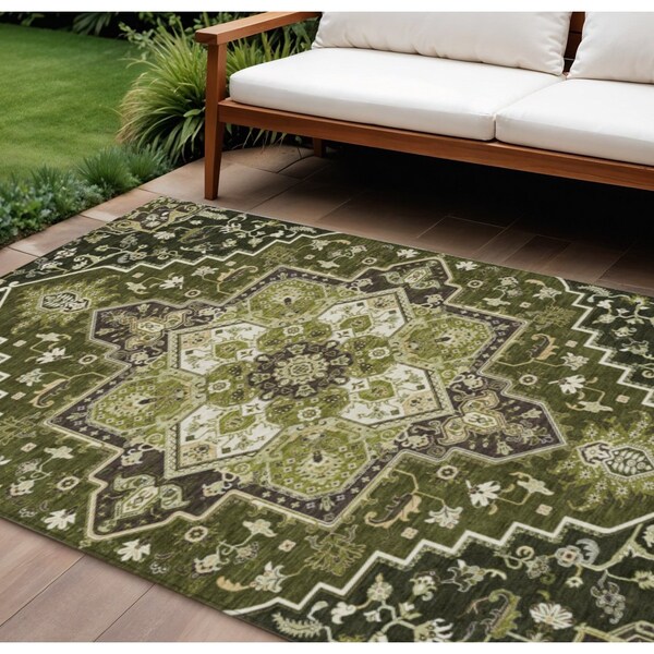 Homeroots 8' X 10' Olive Green Ivory And Brown Oriental Washable Indoor Outdoor Area Rug 600177 - main