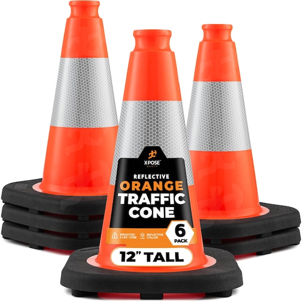 Xpose Safety Traffic Safety Cone, 12 in, PVC, 6 in Reflective Collar, Orange, 6 pk OTC12-4-6-X-S - main