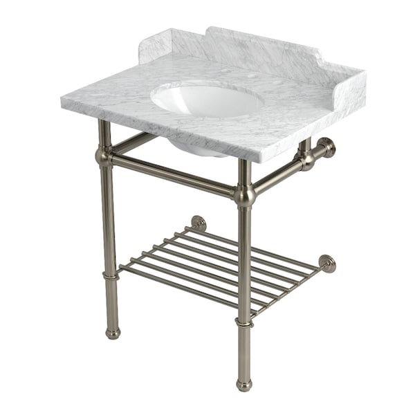 Kingston Brass 30-Inch Carrara Marble Console Sink with Brass Legs and Shelf, 8-Inch, 3-Hole LMS30MBB8 - main
