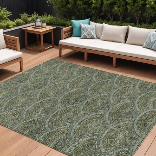 Homeroots 8' X 10' Olive Green Fern Green And Silver Geometric Washable Indoor Outdoor Area Rug 615215 - main