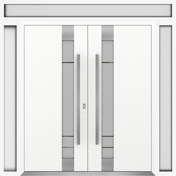 Vdomdoors Metal Double Doors Deux 1713 White Enamel Frosted Glass 2 Sidelights and Top Transom Entry Modern P DEUX1713DEXD-BEM-W14+72+14xH80+14-RH-I - main