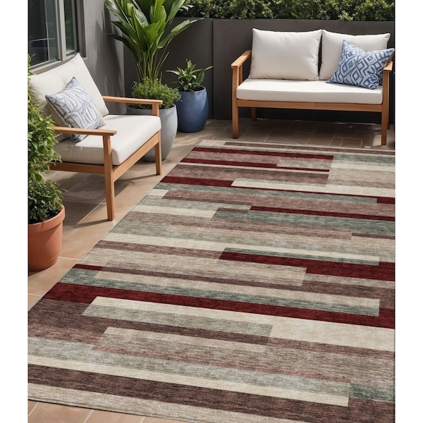 Homeroots 5' X 8' Merlot Burgundy And Beige Striped Washable Indoor Outdoor Area Rug 613297 - main