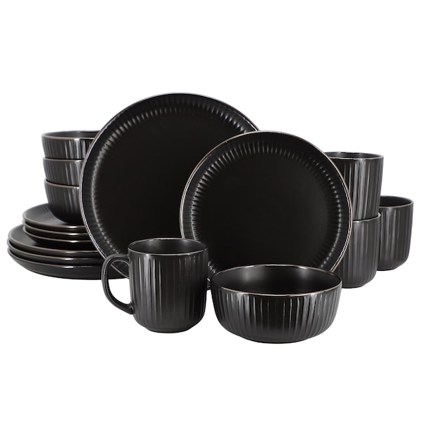 Elama Leo 16 Piece Stoneware Dinnerware Set In Black ELM-LEO-BK - main