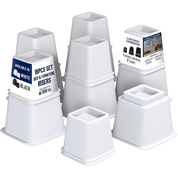 Lifemaster Furniture Riser Set, Non-Slip Design for Bed, Chair, Sofa, Desk, White, 16PK LMBEDWHT16 - main