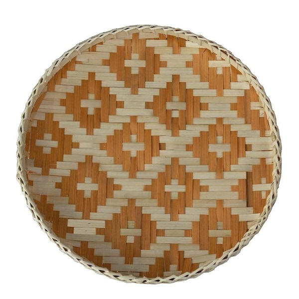 Homeroots 13in Orange and Natural Round Wicker Geometric Handmade Basket Tray 476492 - main