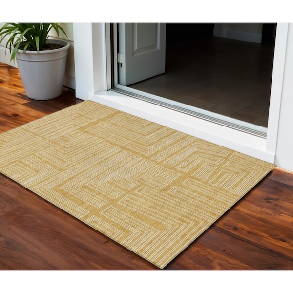 Homeroots 3' X 5' Gold And Ivory Geometric Washable Indoor Outdoor Area Rug 600822 - main