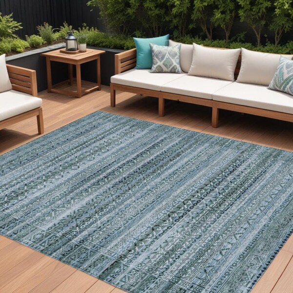 Homeroots 9' X 12' Artichoke Green And Blue Striped Washable Indoor Outdoor Area Rug 631471 - main