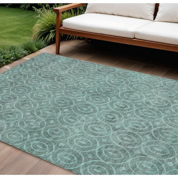 Homeroots 8' X 10' Teal Blue Geometric Washable Indoor Outdoor Area Rug 607509 - main