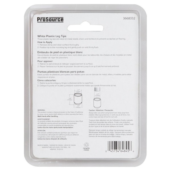 Prosource Furniture Leg Tip, Round, Plastic, White, 1/2 in Dia, 5/8 in H FE-50611-PS - main
