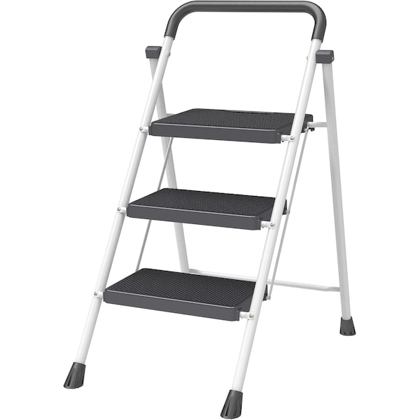 Campior White 3-Step Foldable Stool, Heavy-Duty, 500 lbs Capacity, Anti-Slip, Steel Frame, Space-Saving Design DRIB3STPWH - main