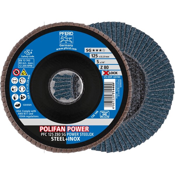 Pferd 5'' X-LOCK POLIFAN Flap Disc - Z SG POWER STEELOX, Zirconia, 80 Grit, Conical 60780 - main