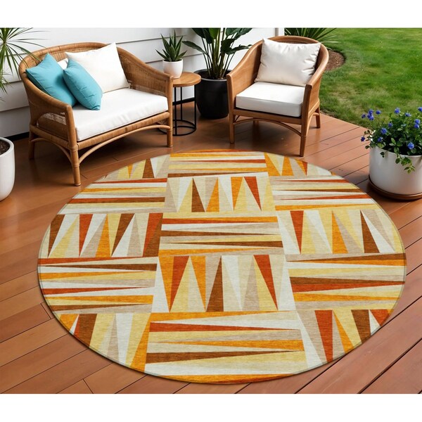 Homeroots 8' Orange Ivory And Copper Round Geometric Washable Indoor Outdoor Area Rug 598288 - main