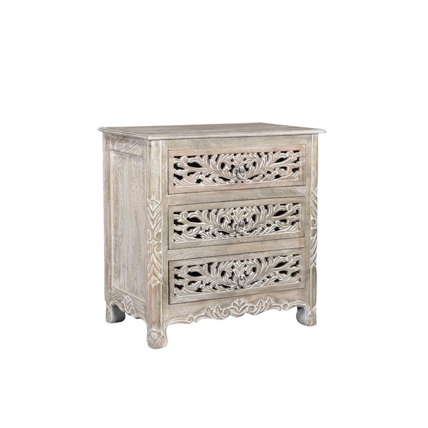 Homeroots 30" Distressed Gray Three Drawer Floral Carved Solid Wood Nightstand 521195 - main