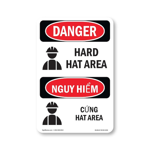 Signmission OSHA Danger Sign, Hard Hat Area Bilingual, 10in X 7in Decal, 7" W, 10" H, Hard Hat Area Bilingual OS-DS-D-710-VV-1292 - main