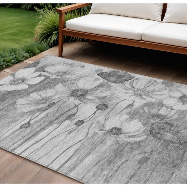 Homeroots 8' X 10' Gray Charcoal And Silver Floral Washable Indoor Outdoor Area Rug 582755 - main