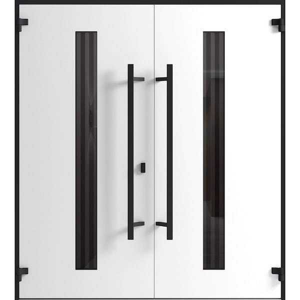 Vdomdoors Front Exterior Prehung Aluminum Double Doors Ronex1055 Teak Mirrored Clear Glass Entry Metal Modern RONEX1055DEXD-OAK-W72xH80-LH-O - main