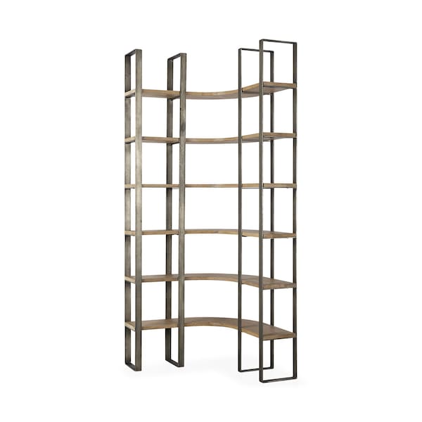 Homeroots 90" Brown Nickel and Solid Wood Curved Six Tier Corner Bookcase 392230 - main
