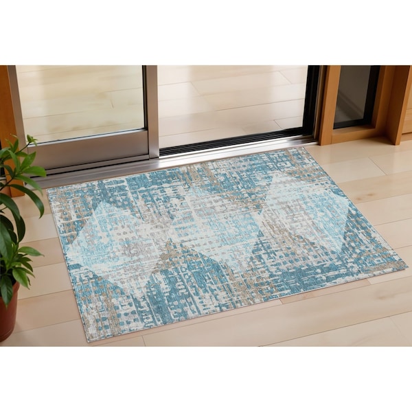 Homeroots 3' X 5' Teal Blue And Beige Geometric Washable Indoor Outdoor Area Rug 632011 - main