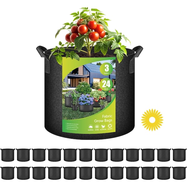 Ipower YSSOA Grow Bags 3 Gallon 300G Reusable Breathable Gardening Pots w/ Handles Non-Woven Fabric, 24PK GLGROWBAG3X6BLKX4 - main