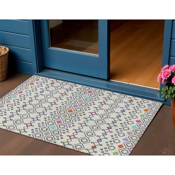Homeroots 3' X 5' Linen Pink And Orange Geometric Washable Indoor Outdoor Area Rug 612190 - main