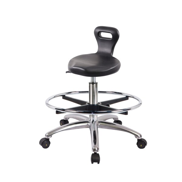 Blue Ridge Ergonomics Poly ESD Serpent Stool Chrome-Medium Bench Ht with Chrome Foot Ring & ESD Casters in ESD Black Poly ESD-PSPMBSL-CR-CF-EC - main