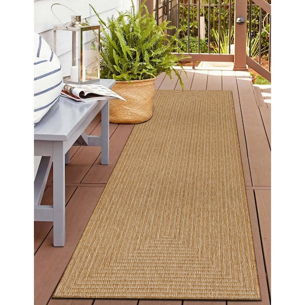 World Rug Gallery Concentric Frame Reversible Jute-Look Indoor/Outdoor Rug 2 ft x 7 ft Natural WR186NATURAL2X7 - main