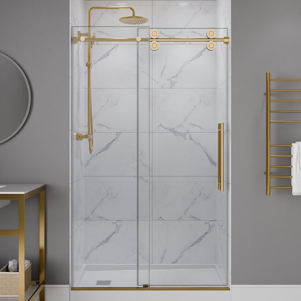 Anzzi 48in x 76in Frameless Shower Door with Sliding in Brushed Gold with Tsunami Tempered Clear Glass SD-FRLS06101BG - main