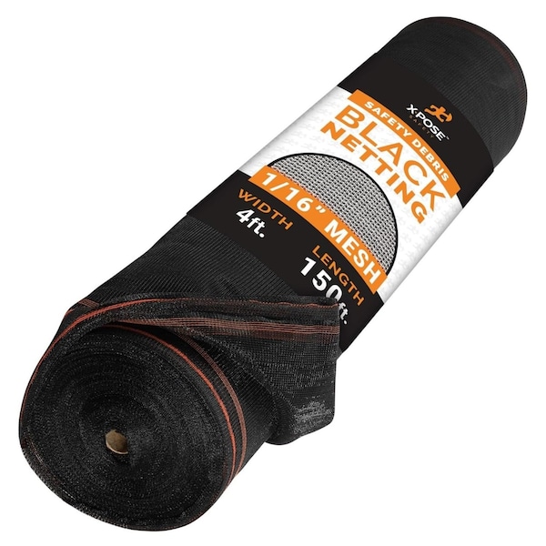 Xpose Safety Construction Safety Debris Net, 4x150 ft, 1/16in Mesh, Fire Retardant, Black, Heavy Duty NFR116-4150-BLK-X - main