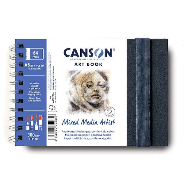 Canson Artist Series Mixed Media Art Book, Fabric Cover, Side Wire Binding, 56 Sheet, 8.3x5.8 inch C31200L006 - main