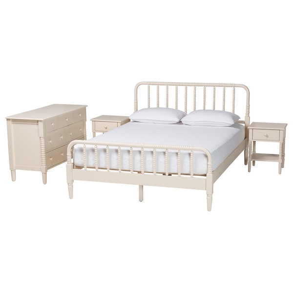 Baxton Studio Braith Farmhouse Ivory Spindle Wood Queen Size 4-Piece Bedroom Set with Two Nightstands 258-14205-14249-14209-14209-ZORO - main