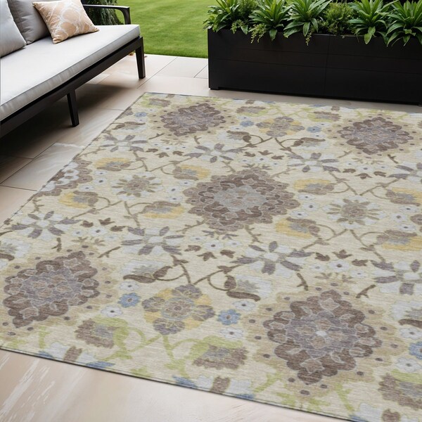 Homeroots 5' X 8' Ivory Brown And Green Oriental Washable Indoor Outdoor Area Rug 597693 - main