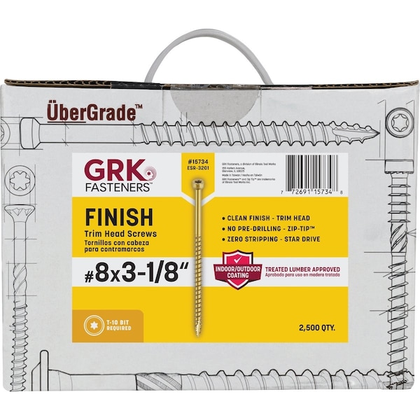 Grk Fasteners GRK No, 8 x 3-1/8'' Star Drive Steel Trim Screw, 2500 Ct. 15734 - main