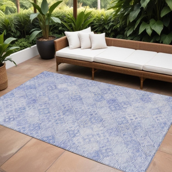 Homeroots 10' X 14' Sky Blue And Ivory Geometric Washable Indoor Outdoor Area Rug 603298 - main