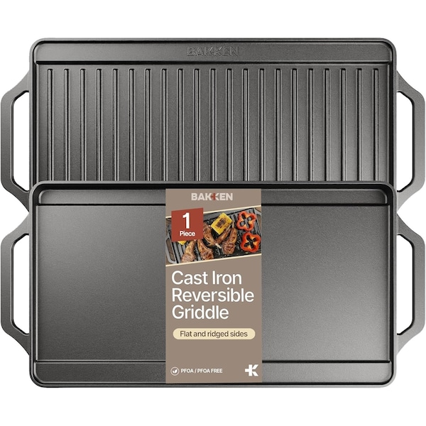 Bakkenmaster Bakken 18 in Reversible Cast Iron Griddle, Flat & Grill, Dual Burner, Pre-Seasoned, Nonstick BAKCASTGRID99 - main