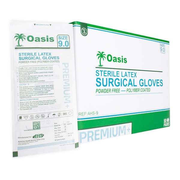 Oasis Sterile Disposable Latex Surgical Gloves, Powder-Free and Sterile, Size 9, 50 pairs per pack AHS-9 - main