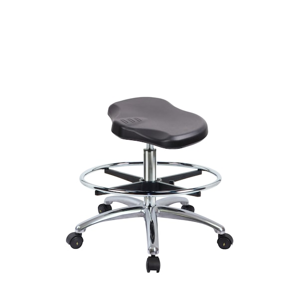 Blue Ridge Ergonomics Poly ESD Ray Stool Chrome-Medium Bench Height with Chrome Foot Ring & ESD Casters in ESD Black Poly ESD-PRPMBSL-CR-CF-EC - main