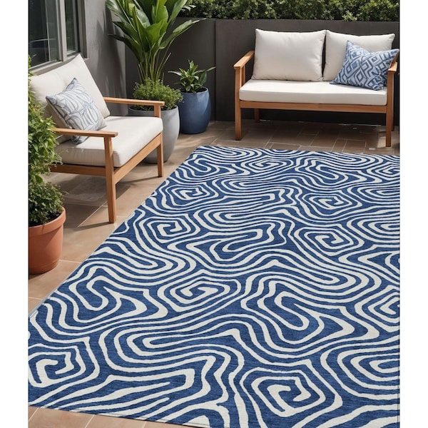 Homeroots 5' X 8' Navy Blue And Ivory Abstract Washable Indoor Outdoor Area Rug 598981 - main