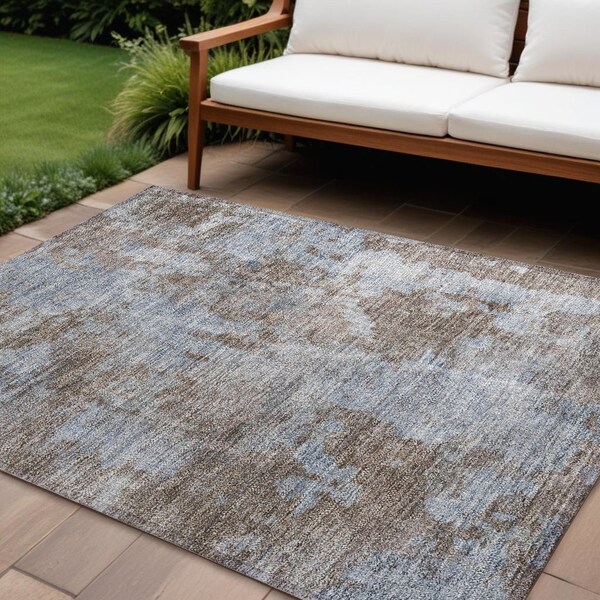 Homeroots 10' X 14' Mocha and Blue Abstract Washable Non Skid Indoor Outdoor Area Rug 564250 - main