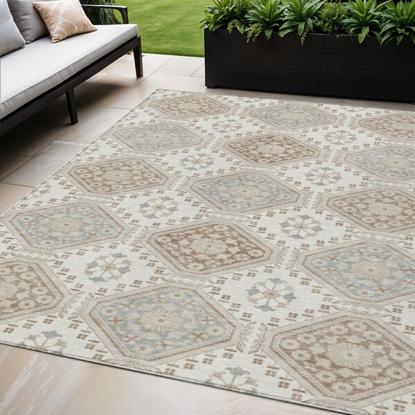 Homeroots 5' X 8' Ivory And Brown Floral Washable Indoor Outdoor Area Rug 610752 - main