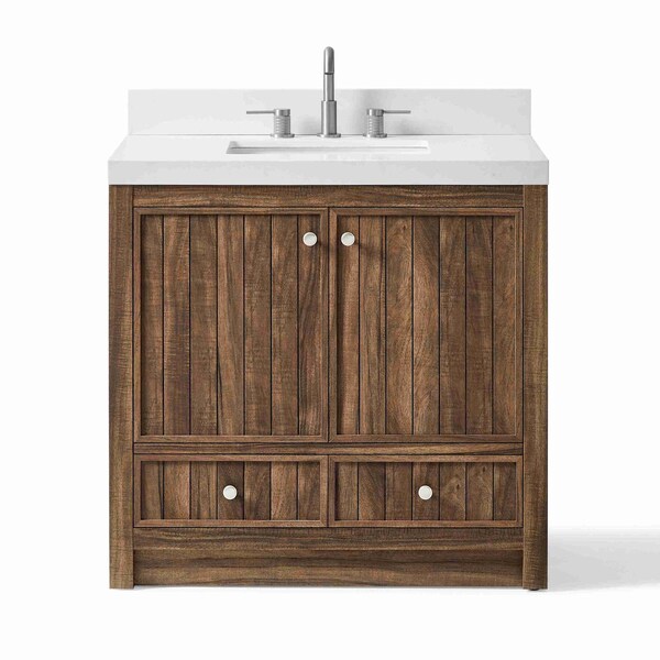 Homeroots 36" Brown Wood Freestanding Bathroom Vanity With White Quartz Countertop 714295 - main