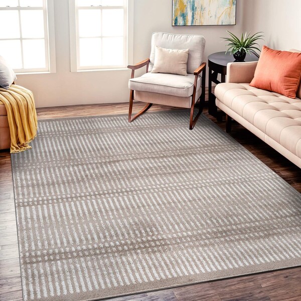 World Rug Gallery Contemporary Minimalistic Stripe LInes Area Rug 5 ft x 7 ft Beige WR30BEIGE5X7 - main