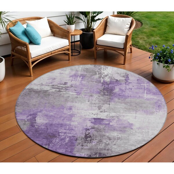 Homeroots 8' Purple Eggplant And Ivory Round Abstract Washable Indoor Outdoor Area Rug 616840 - main