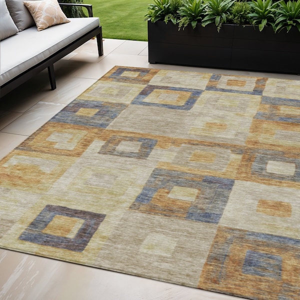 Homeroots 5' X 8' Linen Blue And Copper Geometric Washable Indoor Outdoor Area Rug 605044 - main