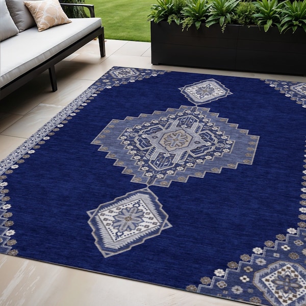 Homeroots 5' X 8' Navy Blue Gray And Brown Oriental Washable Indoor Outdoor Area Rug 598425 - main