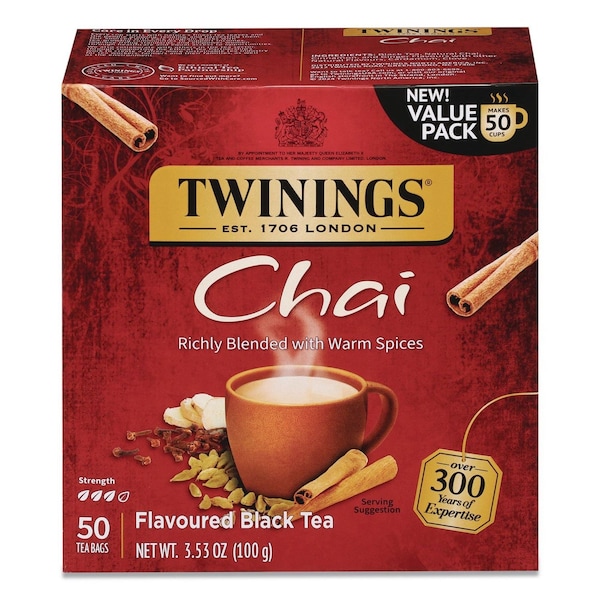 Twinings Tea Bags, Chai Black Tea, 0.07 oz Tea Bag, 50PK TNA55503 - main
