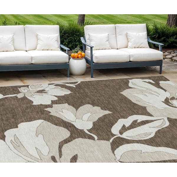 Homeroots 9' X 12' Brown Beige And Taupe Floral Washable Indoor Outdoor Area Rug 589534 - main
