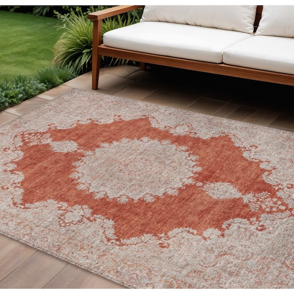 Homeroots 8' X 10' Rust And Beige Oriental Washable Indoor Outdoor Area Rug 597749 - main
